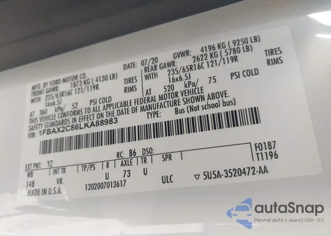 2020 Ford Transit-350 Passenger Van Xl from USA, damaged, VIN 1FBAX2C86LKA88983